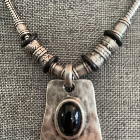 Chico's Black Stone Square Silvertone Pendant - Picture 3 of 5